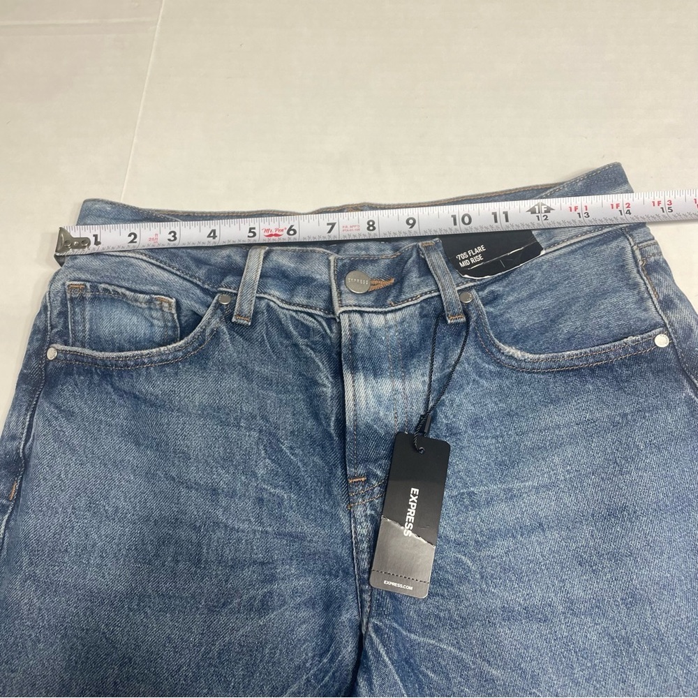 Express 70s flare mid-rise denim jeans. Size 2R. Distressed hem. NWT. MSRP $88. - Picture 10 of 15